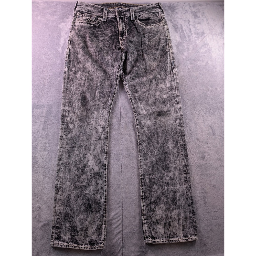 True Religion Ricky Relaxed Straight Acid Wash Black Jeans 34 Thick Stitch
